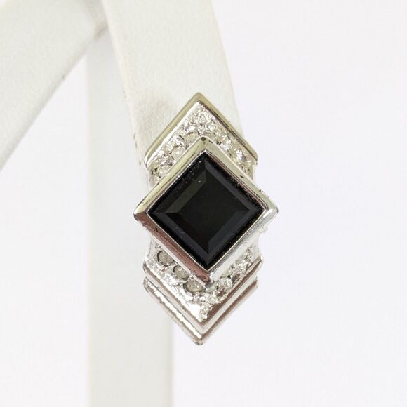 VTG Art Deco Style Black Faux Onyx Clear Rhinestone Silver Tone Pierced Earrings - Picture 3 of 7
